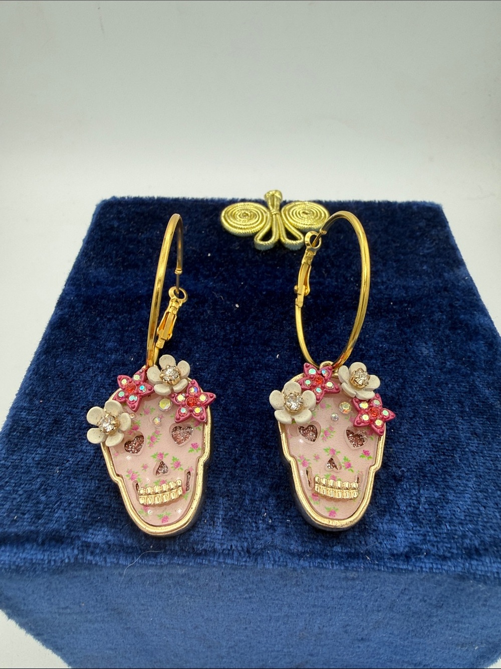 Betsey Johnson Pink Sugar Skull Drop Earrings floral rose print/ crystal accents